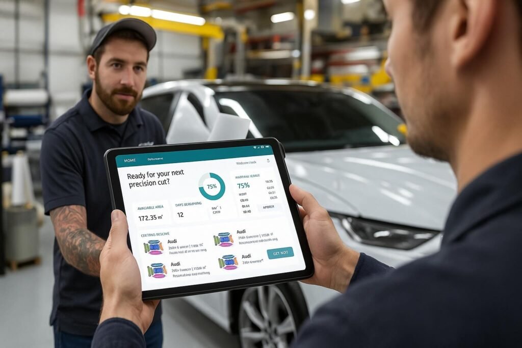 Installers reviewing vehicle ppf template accuracy on tablet in workshop – AEONCUT PPF Pre-cut Cutting software show patterns database on taplet
