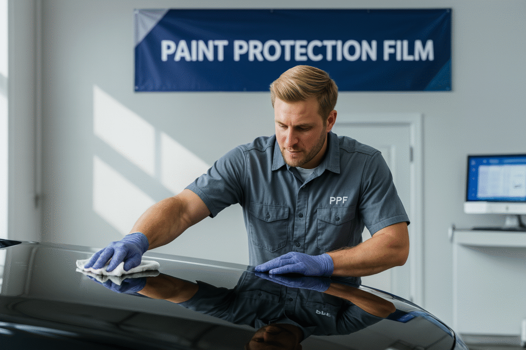 Paint Protection Film Maintenance by Professional Technician – AEONCUT PPF Pre-cut Cutting software PPF technician performing paint protection film maintenance on a black car hood in a professional detailing workshop