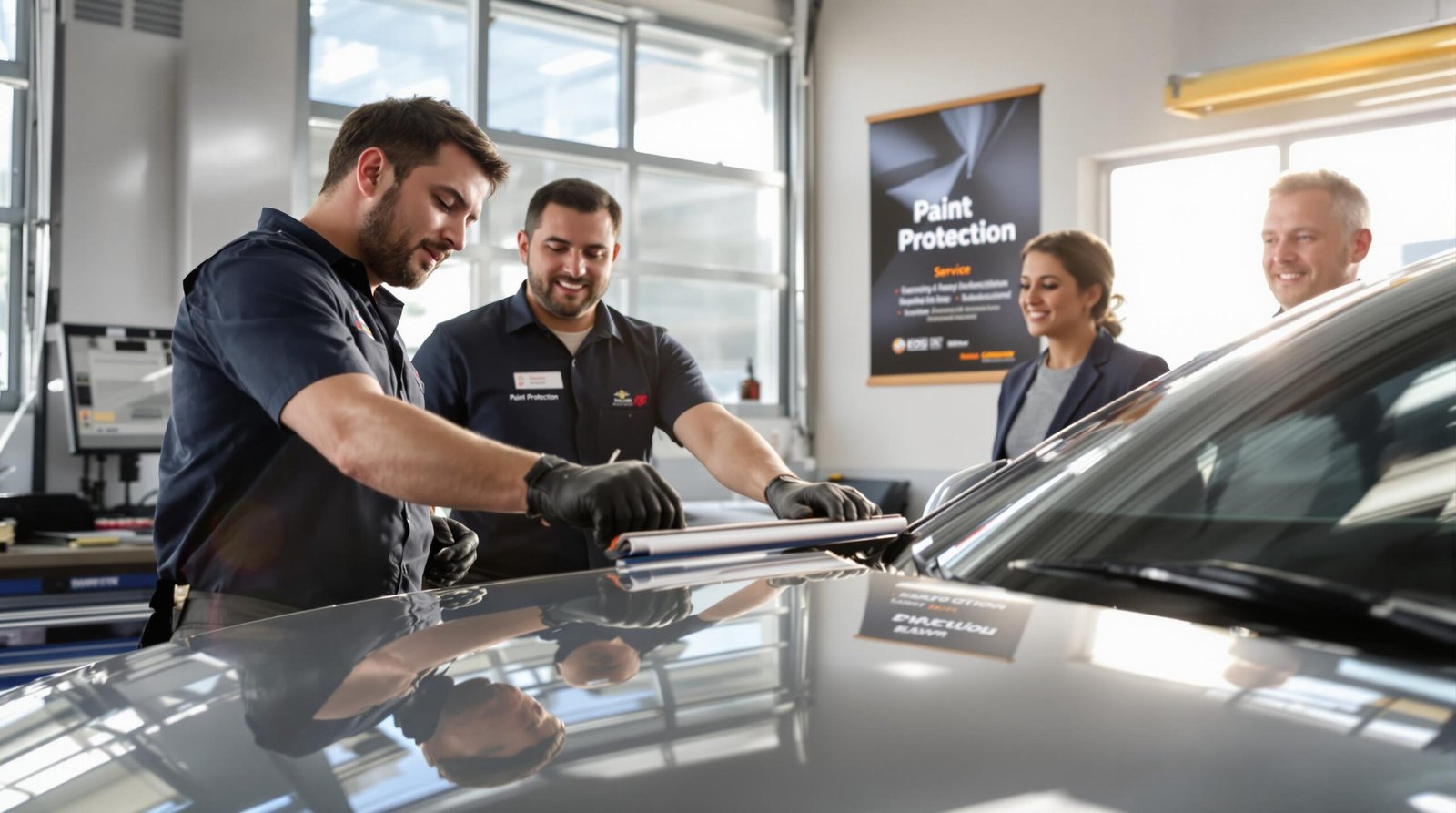 Detailing professional applies paint protection film to car in workshop