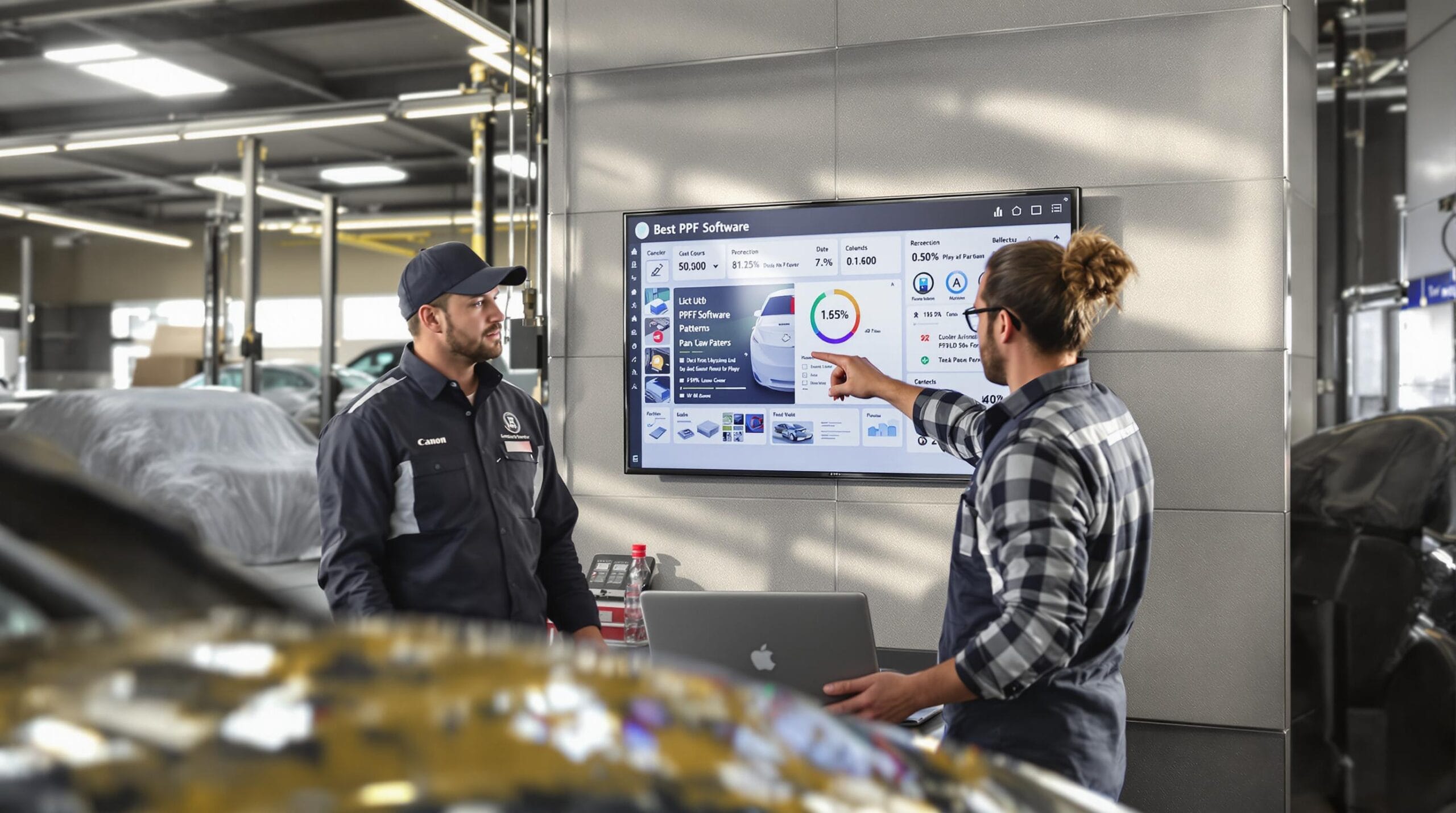 Technicians using PPF software in modern auto workshop