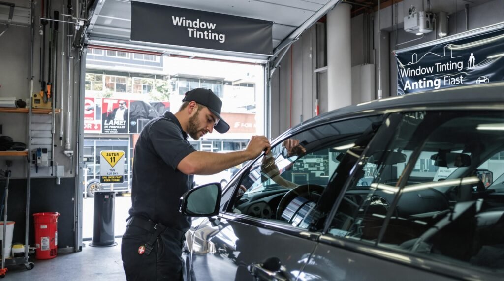 Professional applying window tint in auto shop with Window Tinting text – AEONCUT PPF Pre-cut Cutting software Professional applying window tint in auto shop with 'Window Tinting' text