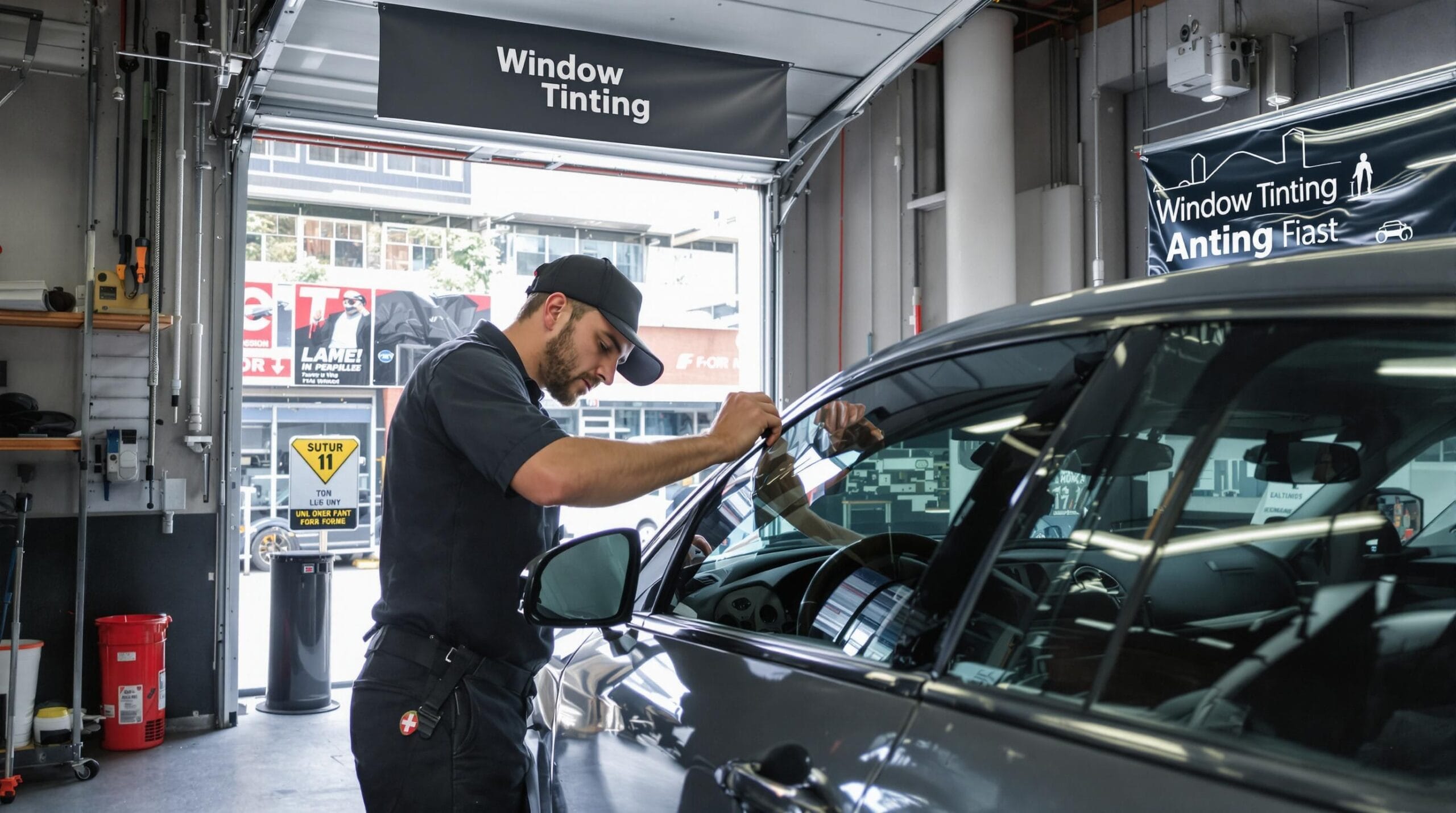 Professional applying window tint in auto shop with 'Window Tinting' text