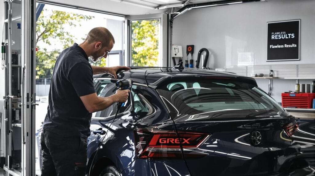 Installer using heat gun to shrink window tint in a professional garage