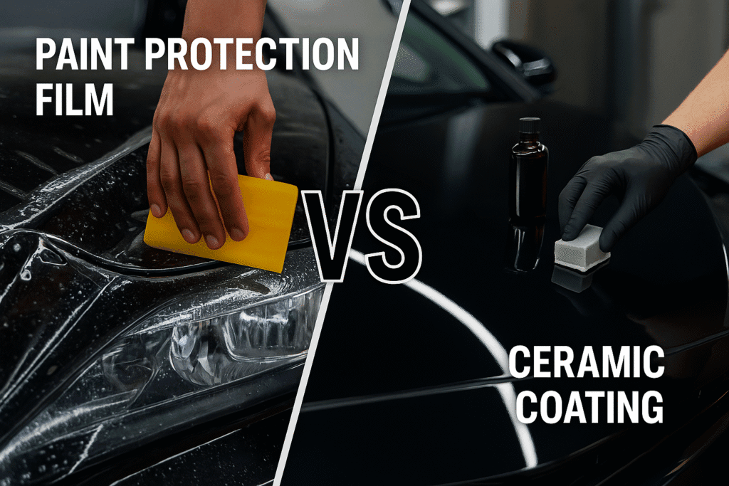 Side-by-side comparison of paint protection film and ceramic coating being applied to a glossy black car, showing differences in surface protection techniques