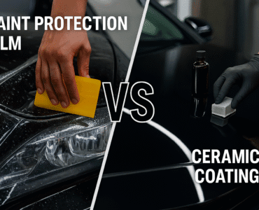 Side-by-side comparison of paint protection film and ceramic coating being applied to a glossy black car, showing differences in surface protection techniques