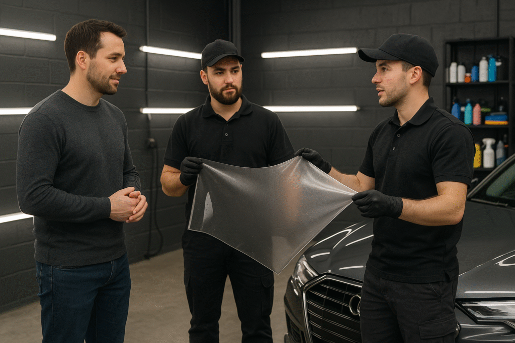 Professional PPF installers discussing paint protection film options with a client inside an auto detailing garage next to a luxury car