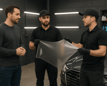 Professional PPF installers discussing paint protection film options with a client inside an auto detailing garage next to a luxury car