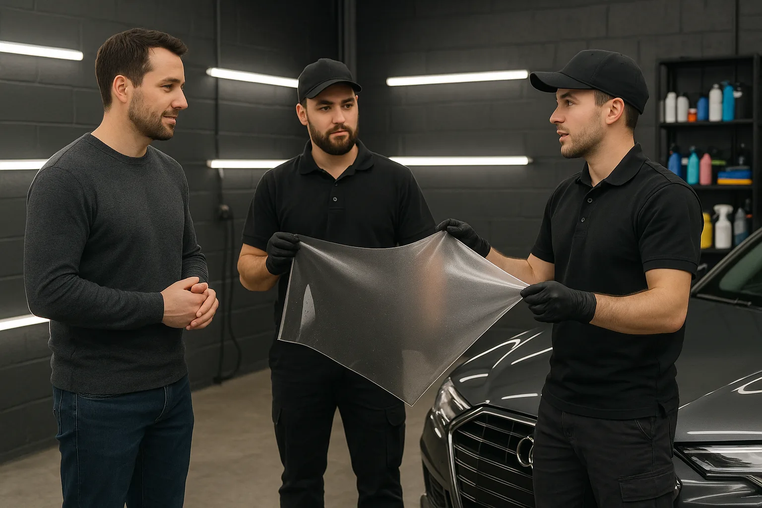 ppf-installers-discussing-with-client-auto-detailing-garage – AEONCUT PPF Pre-cut Cutting software Professional PPF installers discussing paint protection film options with a client inside an auto detailing garage next to a luxury car