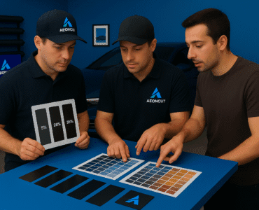 Window tint professionals reviewing car window tint color options and shade charts inside an auto workshop.