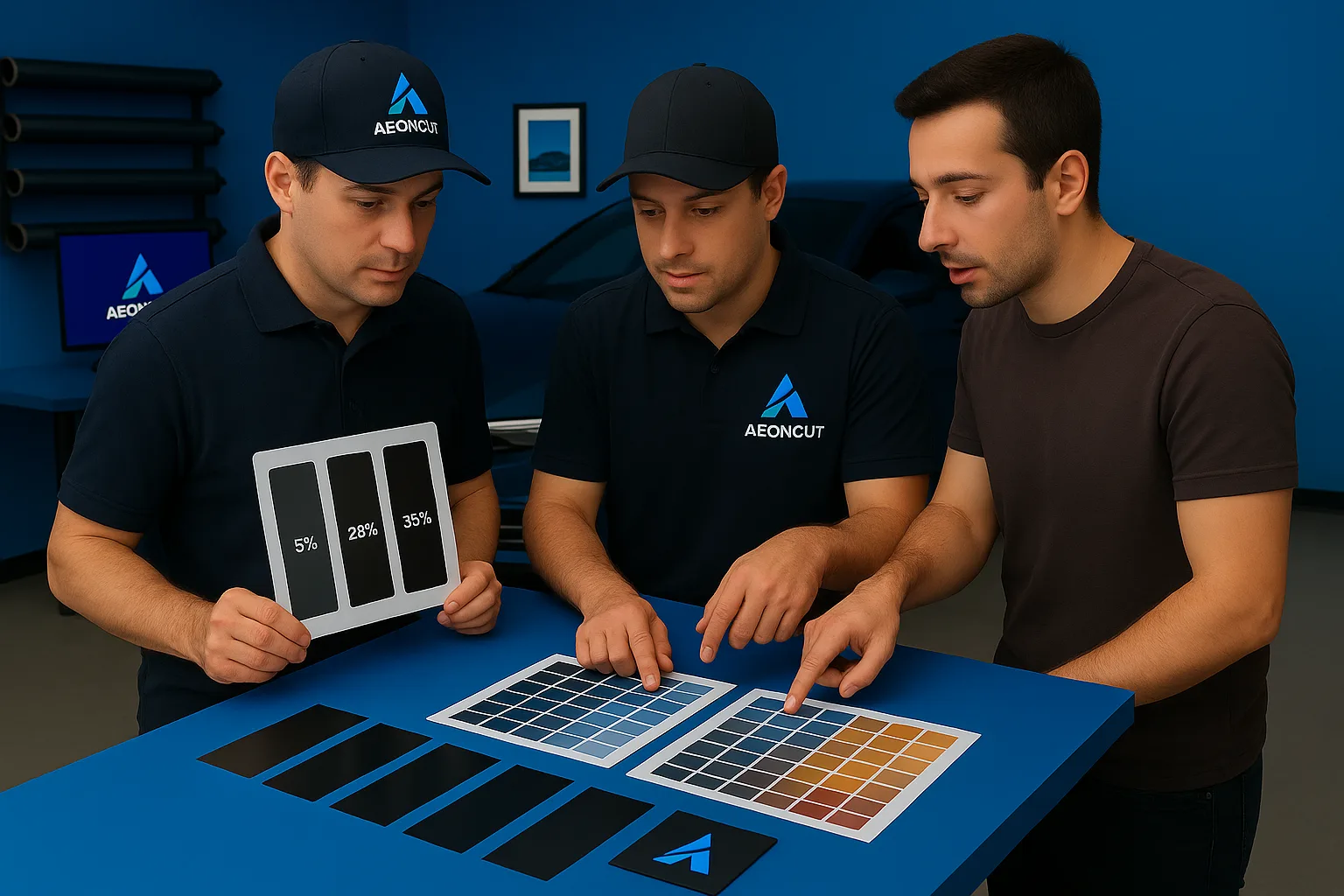 tint-pros-reviewing-window-tint-color-charts – AEONCUT PPF Pre-cut Cutting software Window tint professionals reviewing car window tint color options and shade charts inside an auto workshop.