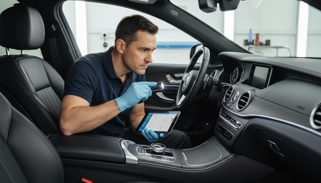 Professional technician inspects vehicle interior for sensitive areas