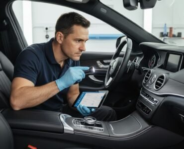 Professional technician inspects vehicle interior for sensitive areas