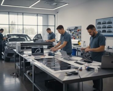 Technicians using window tint pattern tools in workshop
