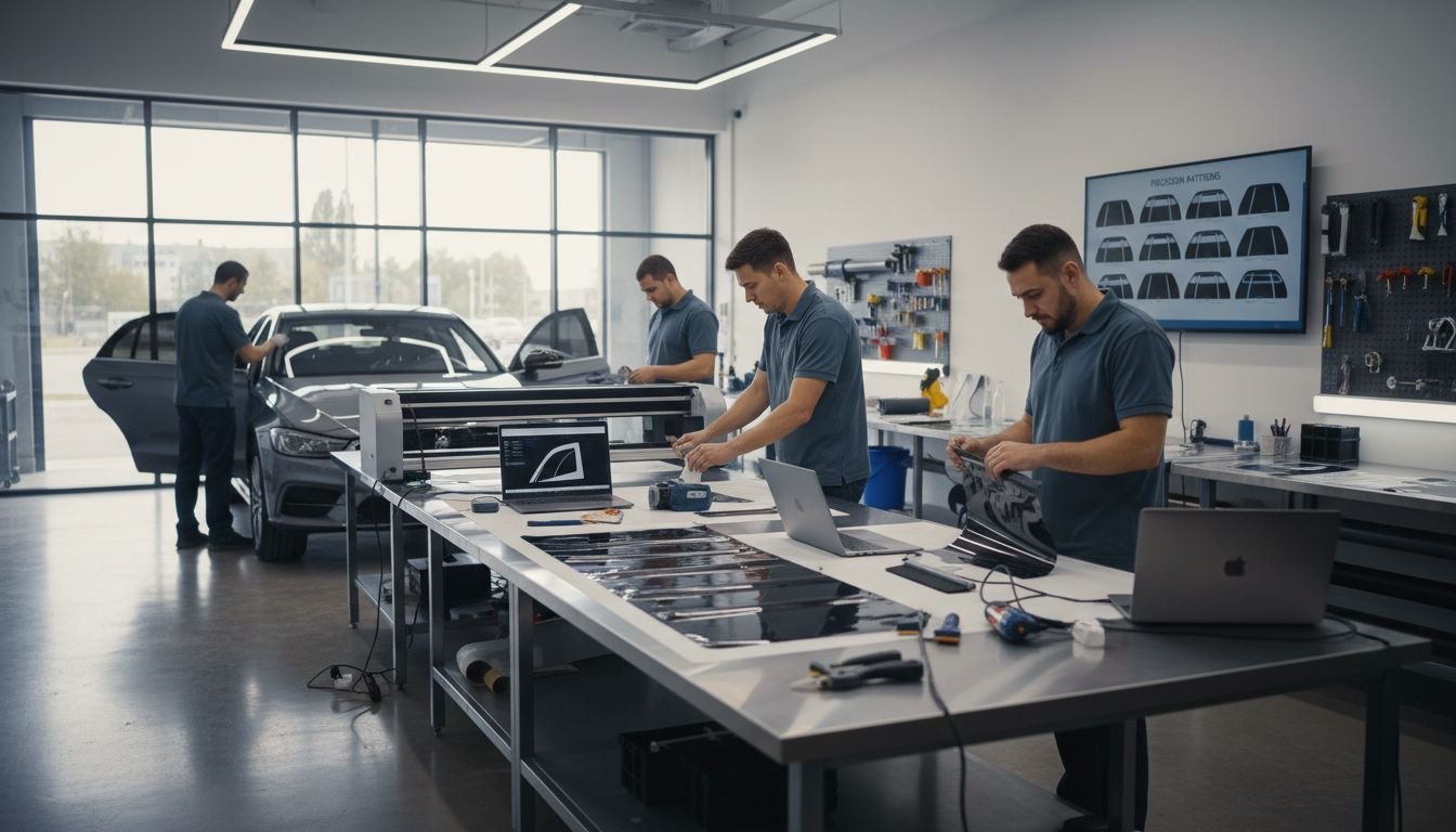 Technicians using window tint pattern tools in workshop