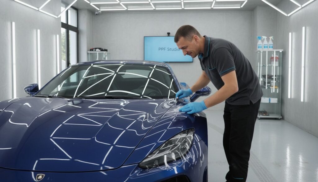 Technician applying film to luxury car hood