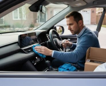 Owner applying protectant to new car dash
