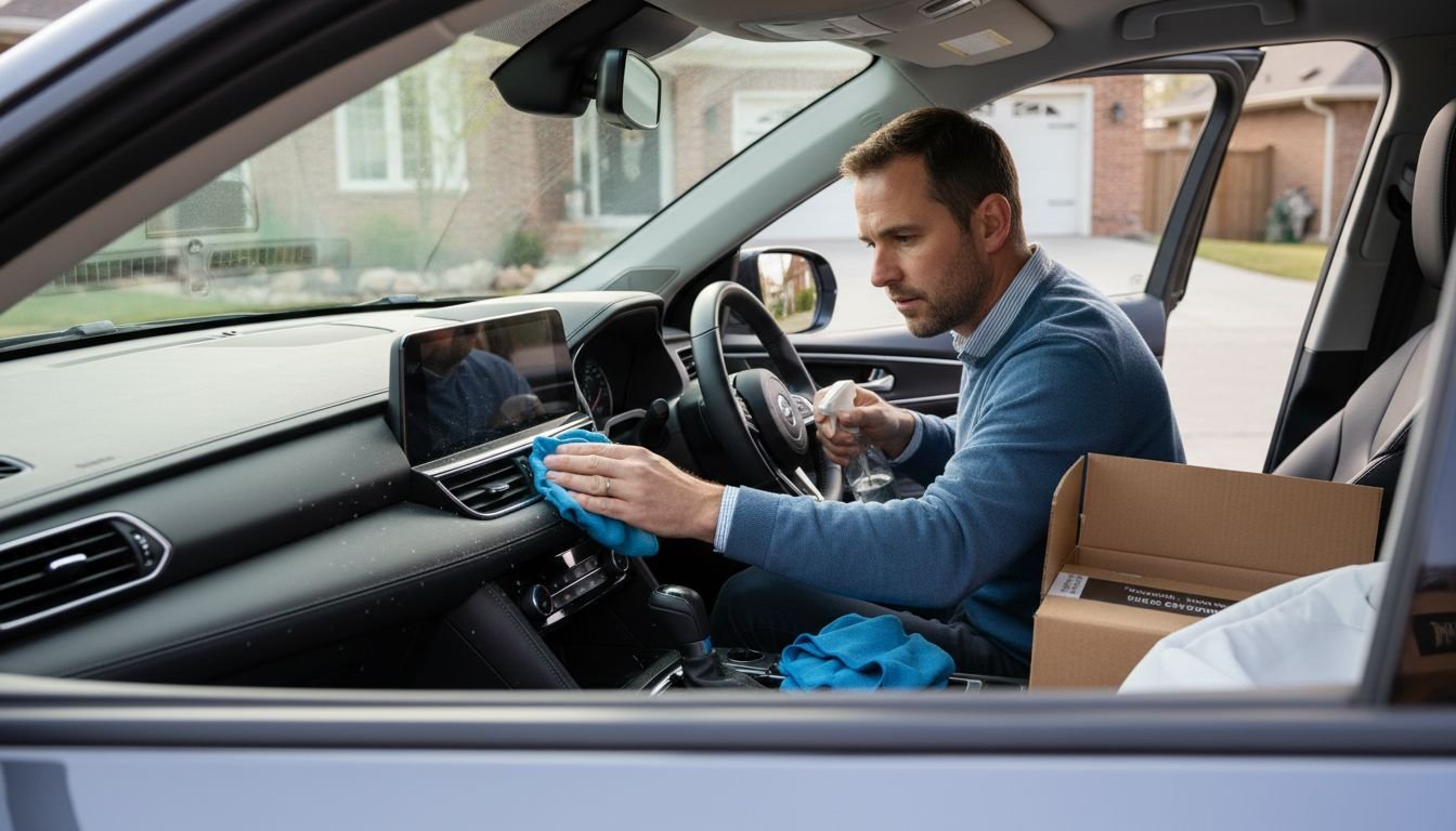 Owner applying protectant to new car dash