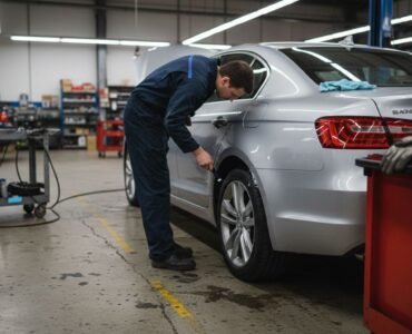 Technician inspecting car for material protection