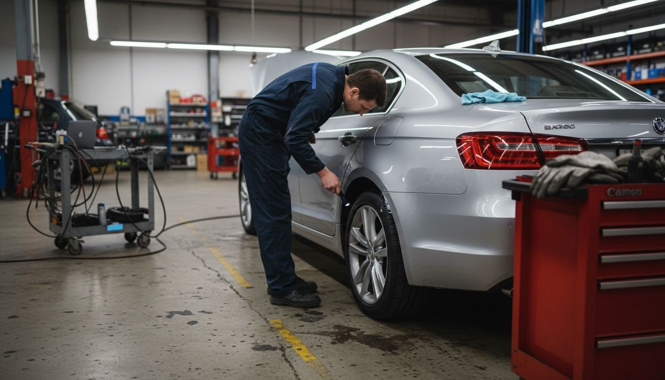 Technician inspecting car for material protection