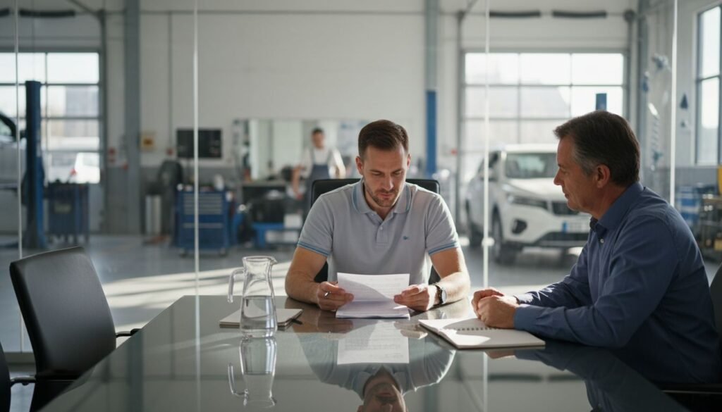 Installer and client discuss trust in meeting