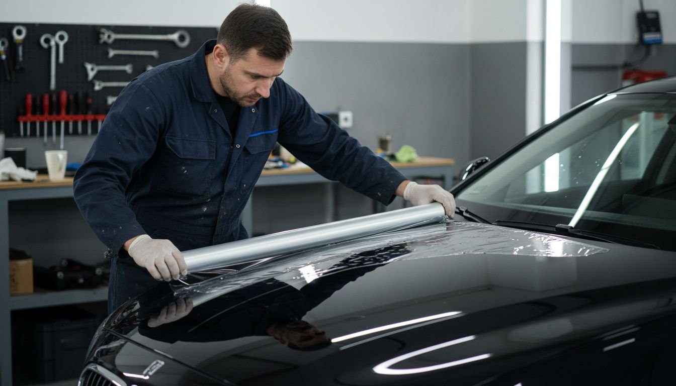 Technician applying paint protection film to car