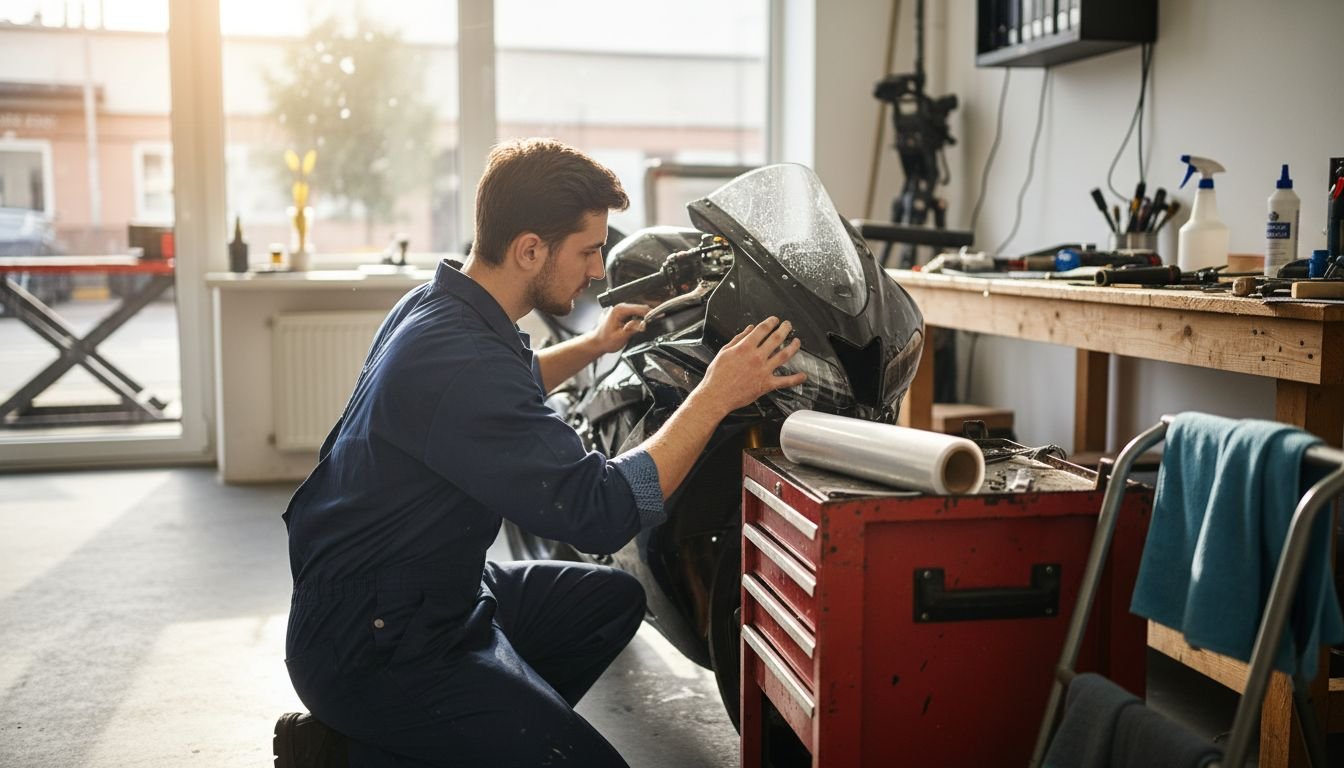 Technician applying PPF in a motorcycle shop – AEONCUT PPF Pre-cut Cutting software Technician applying PPF in a motorcycle shop