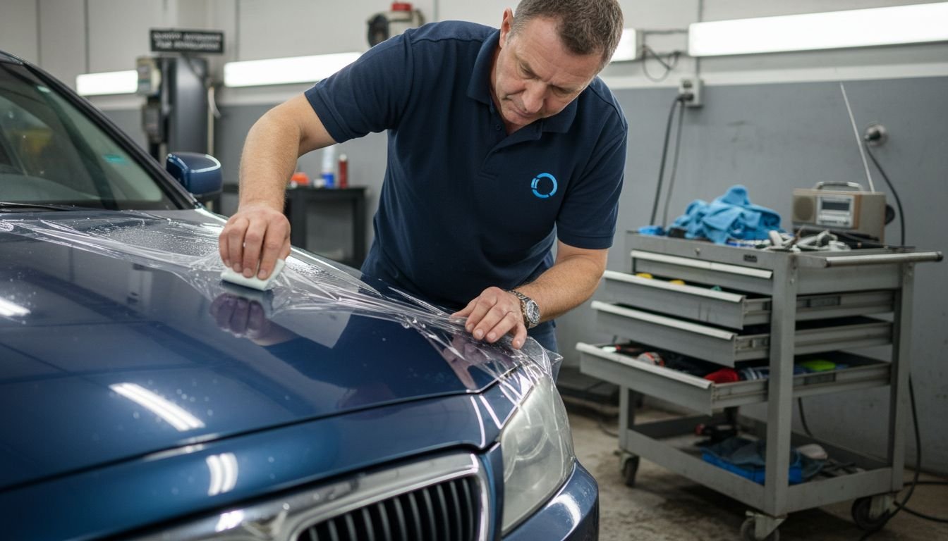 Technician applying film to sedan hood
