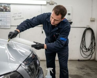Technician applying protection film to car hood