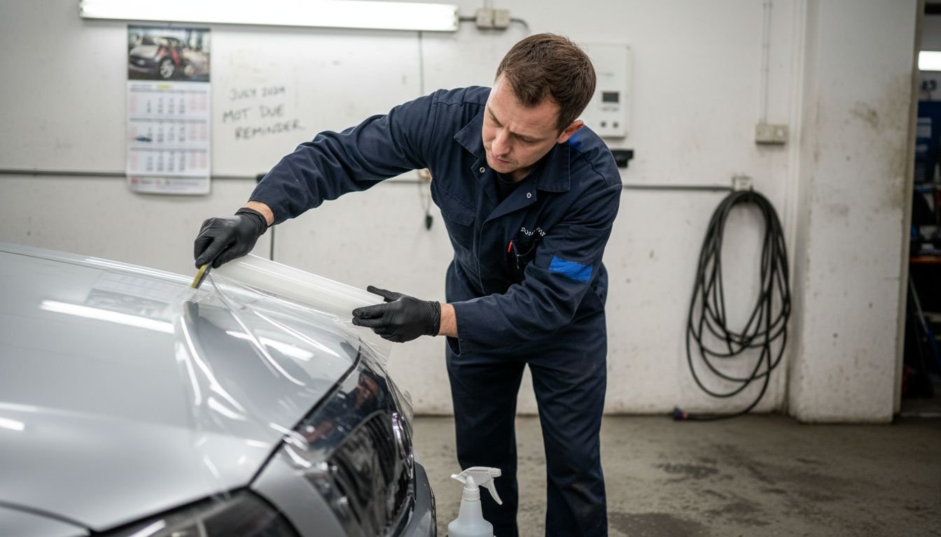 Technician applying protection film to car hood
