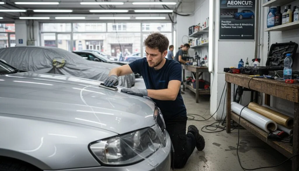 Technician applying film to car in garage – AEONCUT PPF Pre-cut Cutting software Technician applying film to car in garage