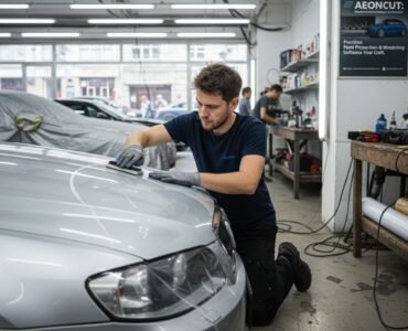 Technician applying film to car in garage