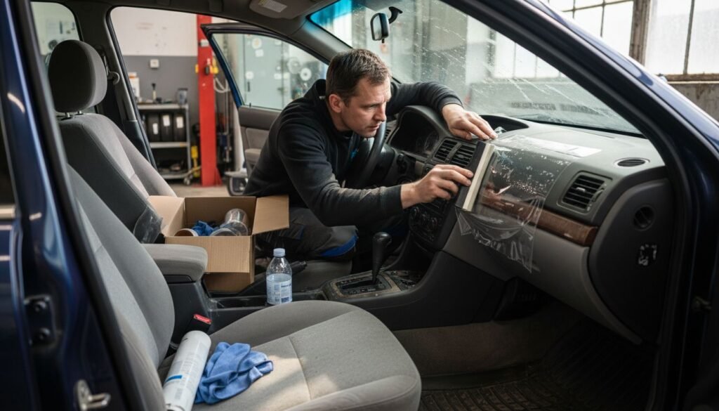 Auto detailer applies protective film inside car