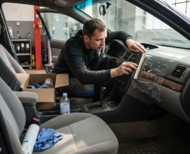 Auto detailer applies protective film inside car