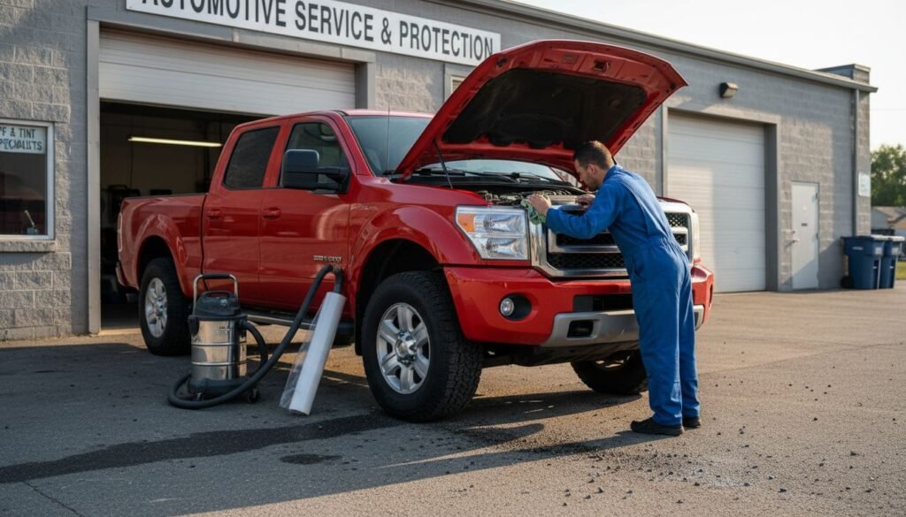 Technician prepping truck for paint protection – AEONCUT PPF Pre-cut Cutting software Technician prepping truck for paint protection