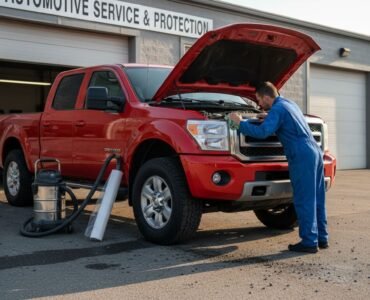 Technician prepping truck for paint protection