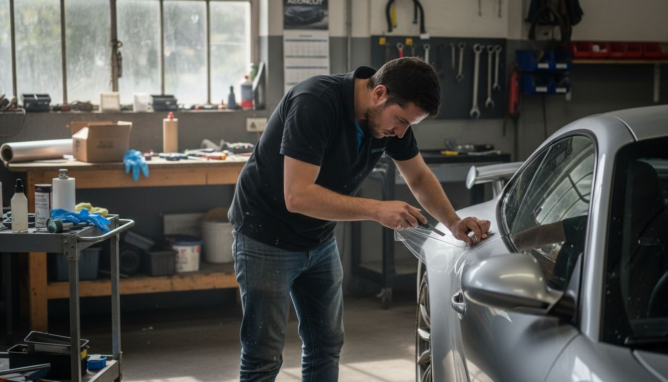 PPF installer cutting film on car door in workshop