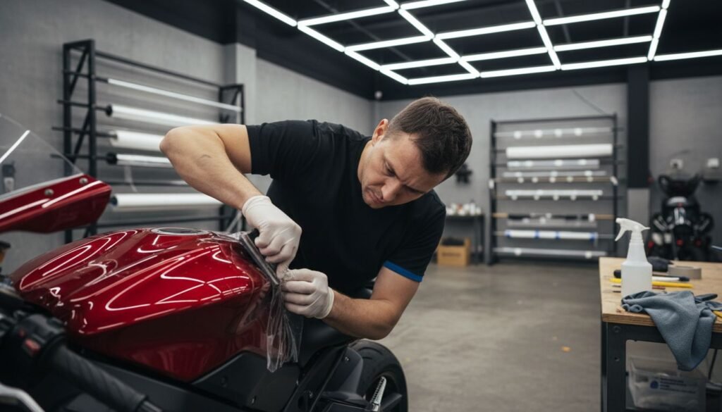 Installer applying protection film to red motorcycle – AEONCUT PPF Pre-cut Cutting software Installer applying protection film to red motorcycle