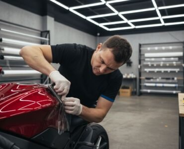 Installer applying protection film to red motorcycle
