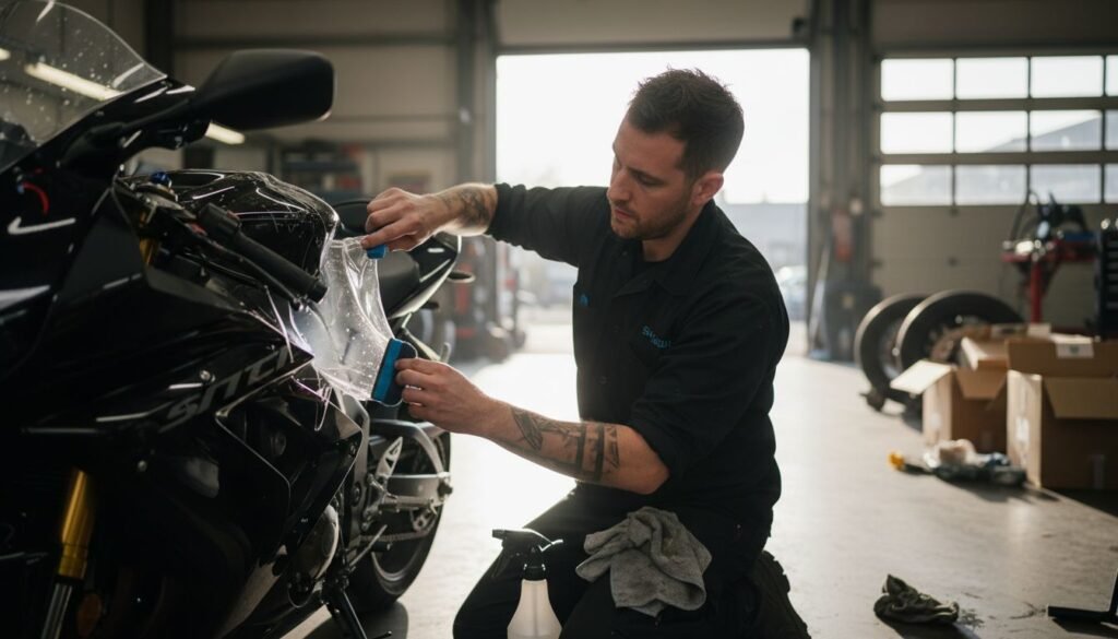 Technician applying protection film to motorcycle – AEONCUT PPF Pre-cut Cutting software Technician applying protection film to motorcycle