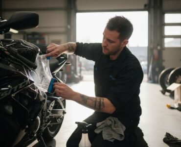 Technician applying protection film to motorcycle