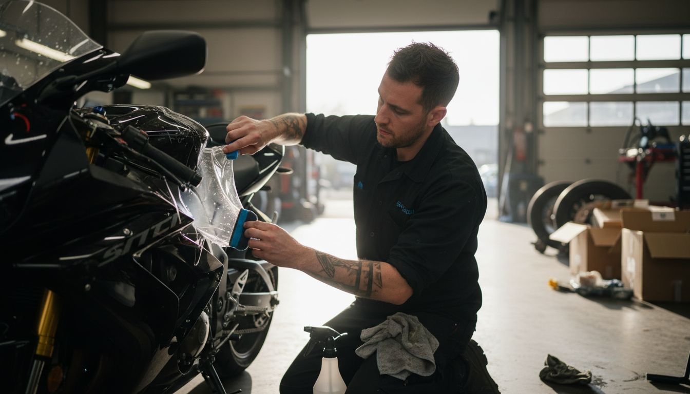 Technician applying protection film to motorcycle – AEONCUT PPF Pre-cut Cutting software Technician applying protection film to motorcycle