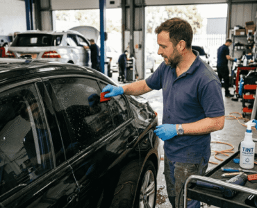Technician installing window film in garage