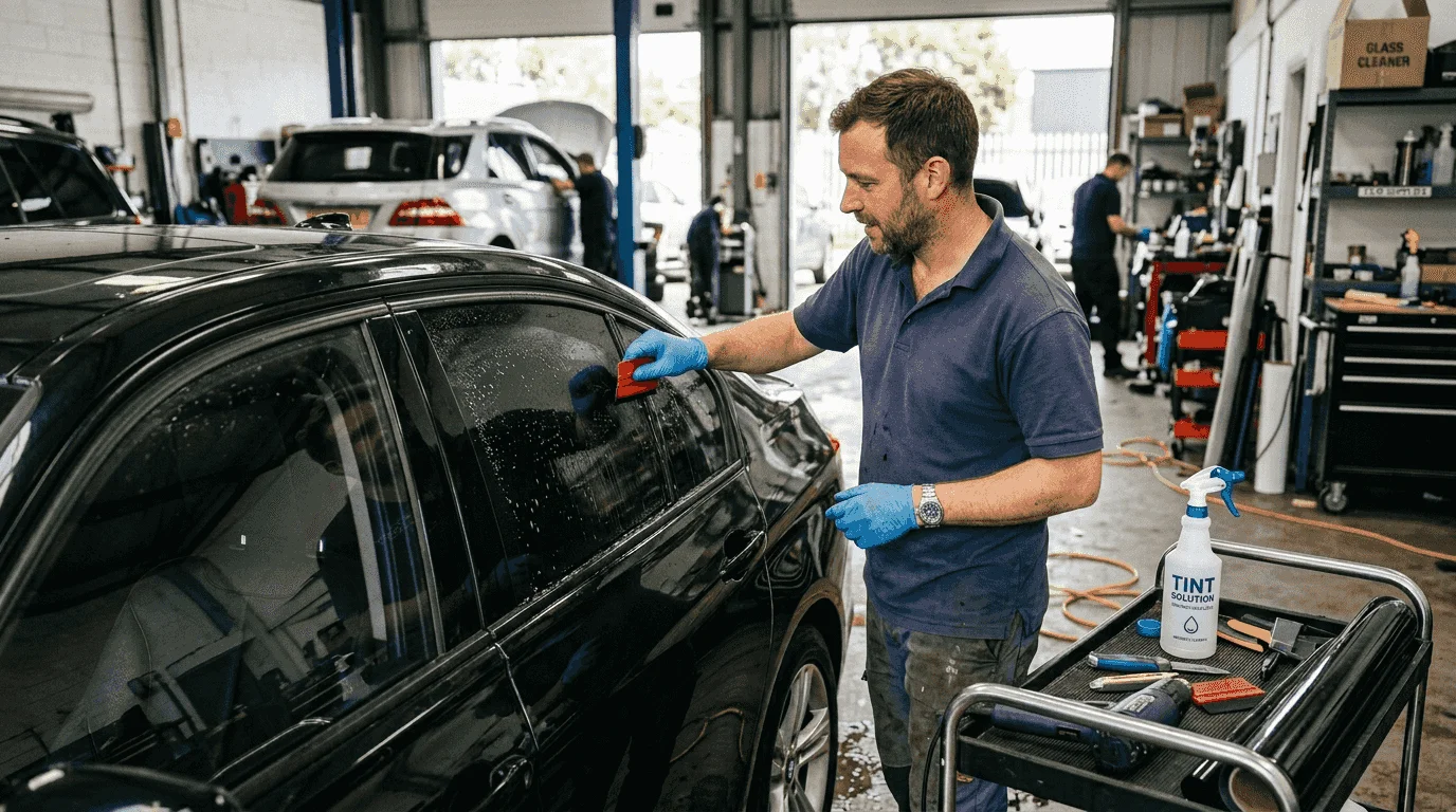 Technician installing window film in garage