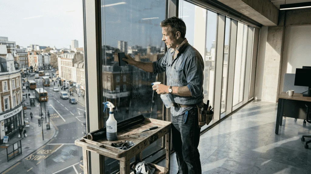 Installer applying window film in city office