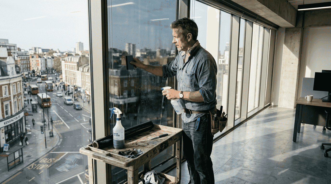 Installer applying window film in city office