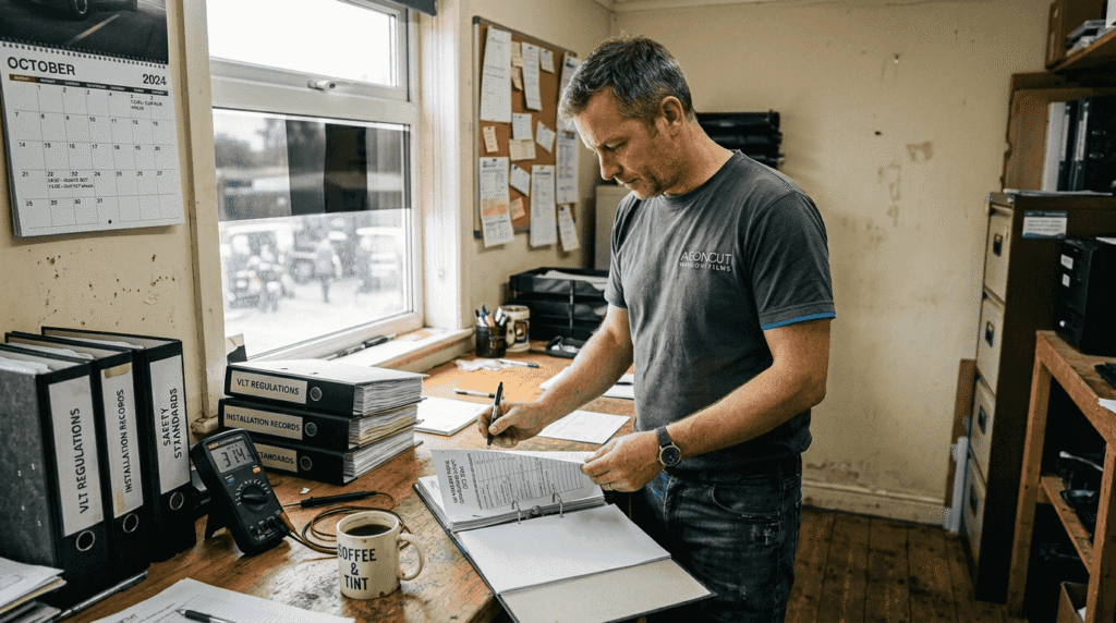 Window tint installer checks regulation paperwork