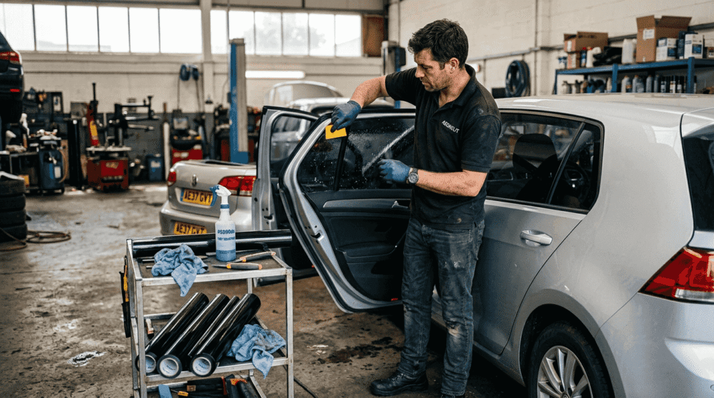 Technician applying tint in car workshop