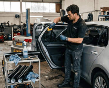 Technician applying tint in car workshop