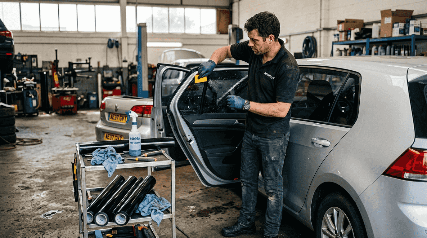 Technician applying tint in car workshop
