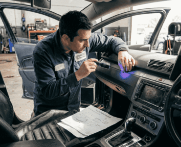Installer inspecting sun-faded car dashboard